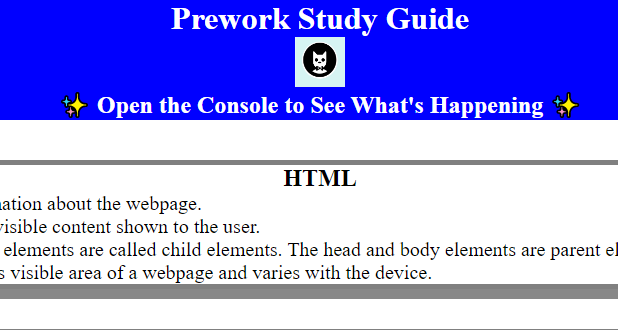 screenshot of prework study guide application